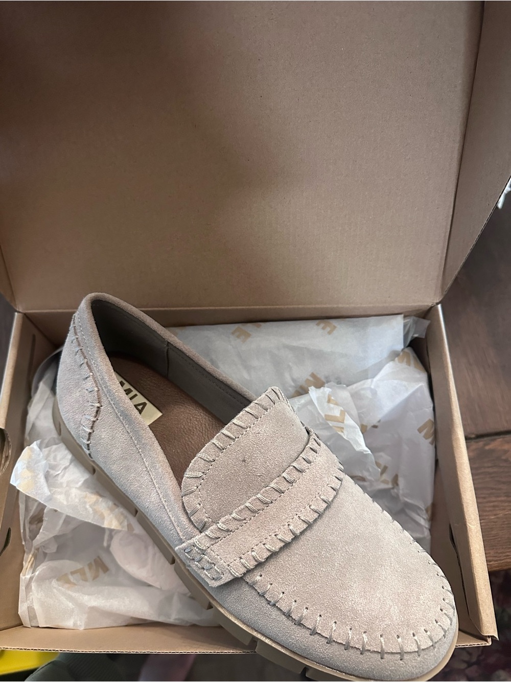 MIA Suede Penny Loafers in Light Gray